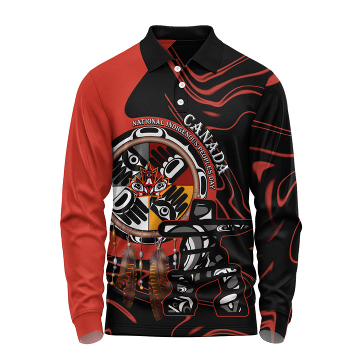 Canada Long Sleeve Polo Shirt Indigenous Peoples Day With Dreamcatche