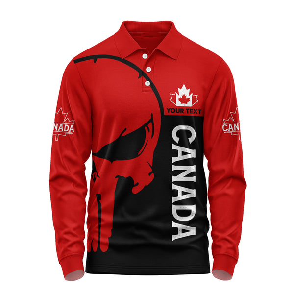 Canada Long Sleeve Polo Shirt Custom Crimson Skull Canada