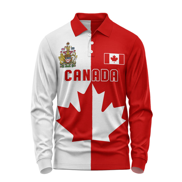 Canada Long Sleeve Polo Shirt Canada Maple Crest Half And Half Style