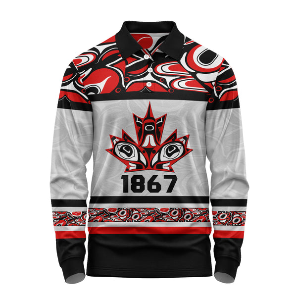 Canada Long Sleeve Polo Shirt Haida Indigenous Maple Legacy 1867