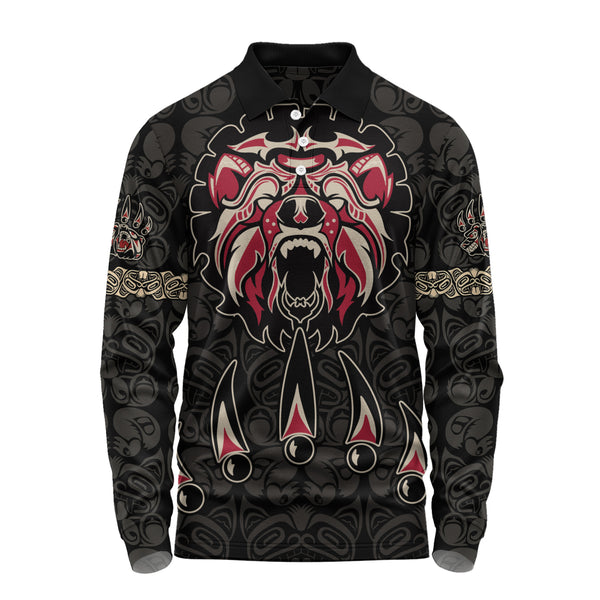 Canada Long Sleeve Polo Shirt Haida Tribal Roaring Bear