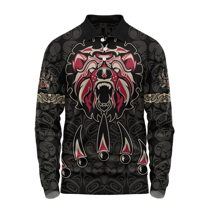 Canada Long Sleeve Polo Shirt Haida Tribal Roaring Bear