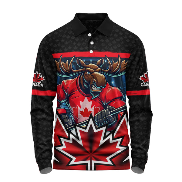 Canada Long Sleeve Polo Shirt Maple Moose Hockey Warrior