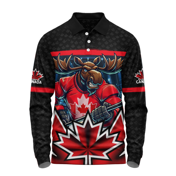 Canada Long Sleeve Polo Shirt Maple Moose Hockey Warrior