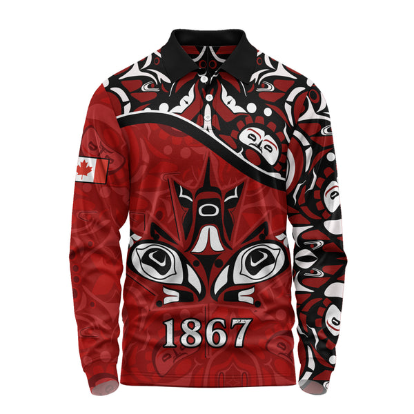 Canada Long Sleeve Polo Shirt Haida Indigenous Power 1867