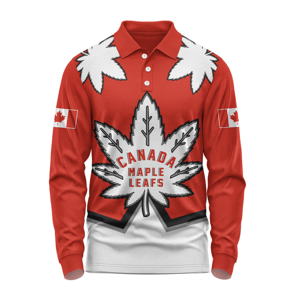 Canada Long Sleeve Polo Shirt Red Maple Leafs Spirit