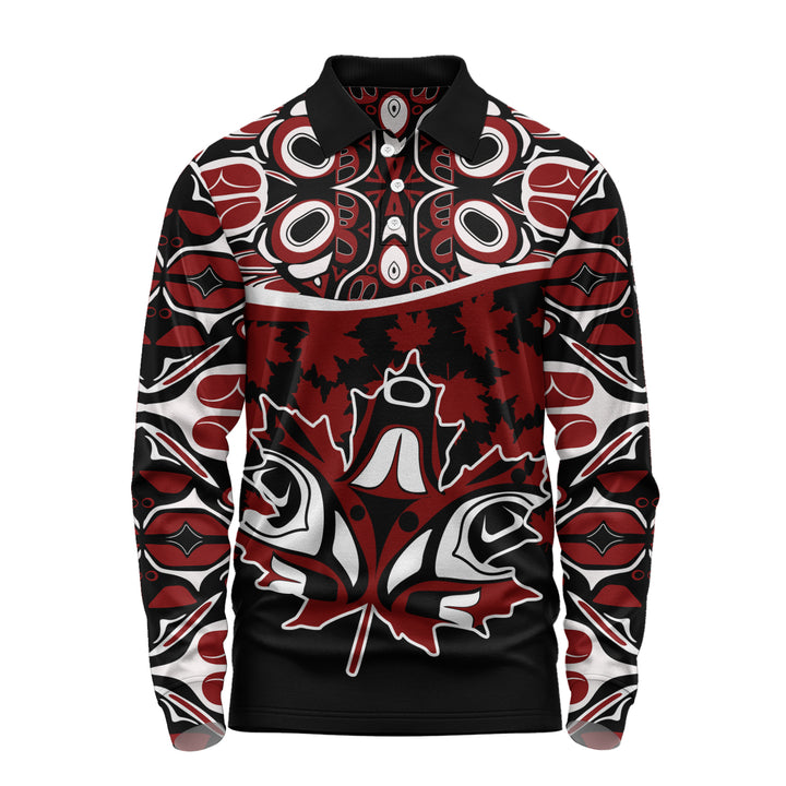 Canada Long Sleeve Polo Shirt Haida Echo Red Leaf Pride