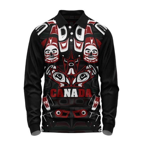 Canada Long Sleeve Polo Shirt Haida Heritage Maple