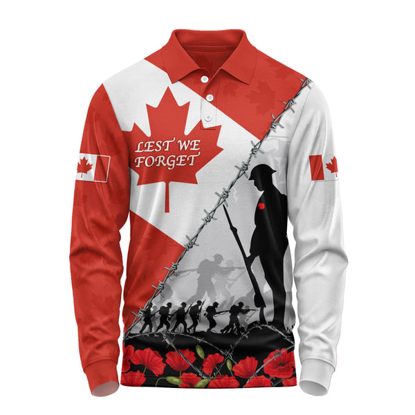 Canada Long Sleeve Polo Shirt Remembrance Day Poppy Flower And Barbed Wire