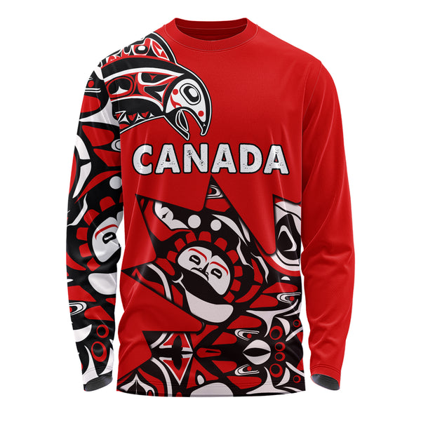 Canada Long Sleeve T-Shirt Canada Maple Leafs Haida Spirit Pattern