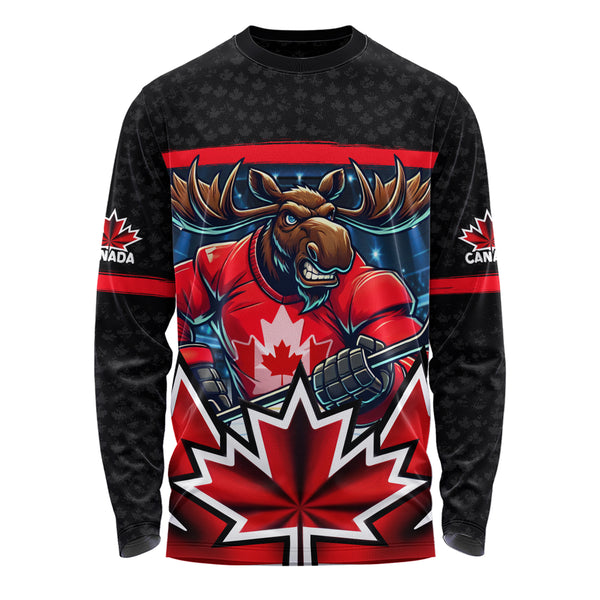 Canada Long Sleeve T-Shirt Maple Moose Hockey Warrior