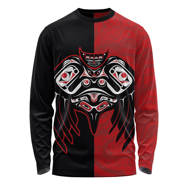 Canada Long Sleeve T-Shirt Red And Black Haida Raven Guardian