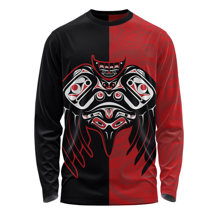 Canada Long Sleeve T-Shirt Red And Black Haida Raven Guardian