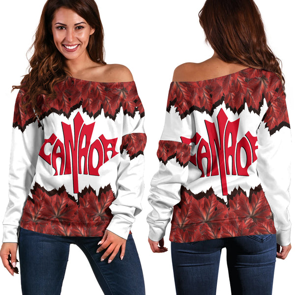 Canada Off Shoulder Sweatshirt Red Leaf Dominion