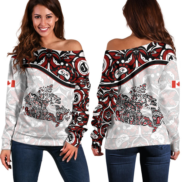 Canada Off Shoulder Sweatshirt The True North Totem Map Haida Edition