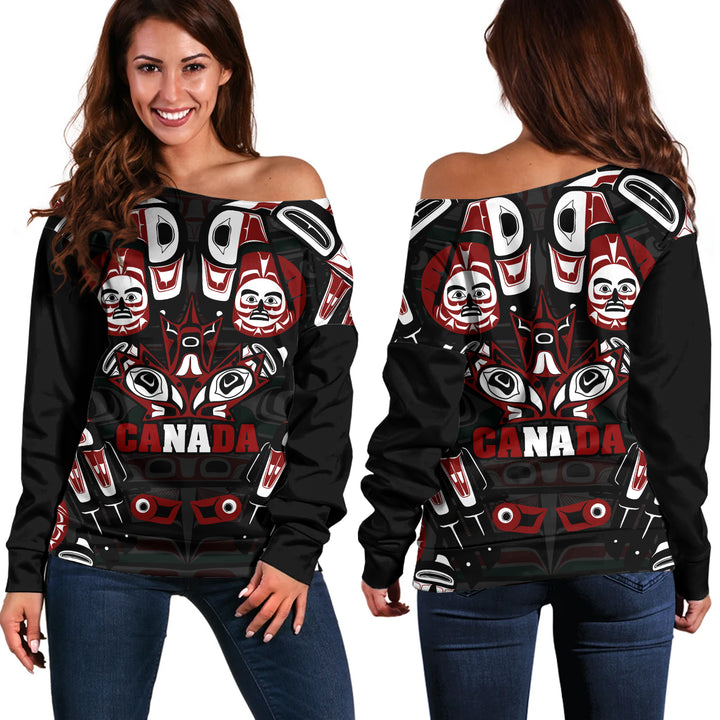 Canada Off Shoulder Sweatshirt Haida Heritage Maple