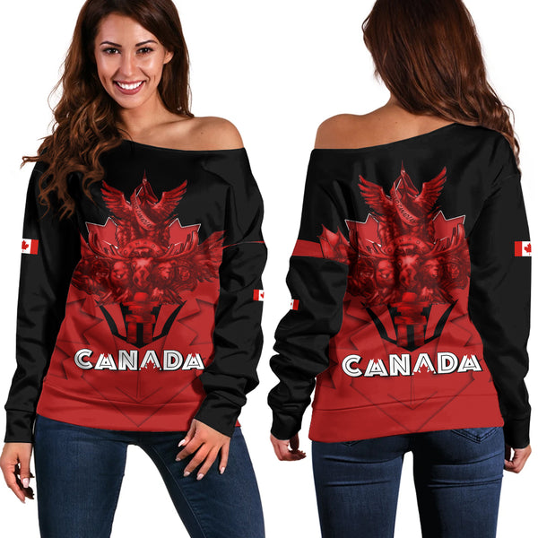 Canada Off Shoulder Sweatshirt Red Sovereign Northern Emblem
