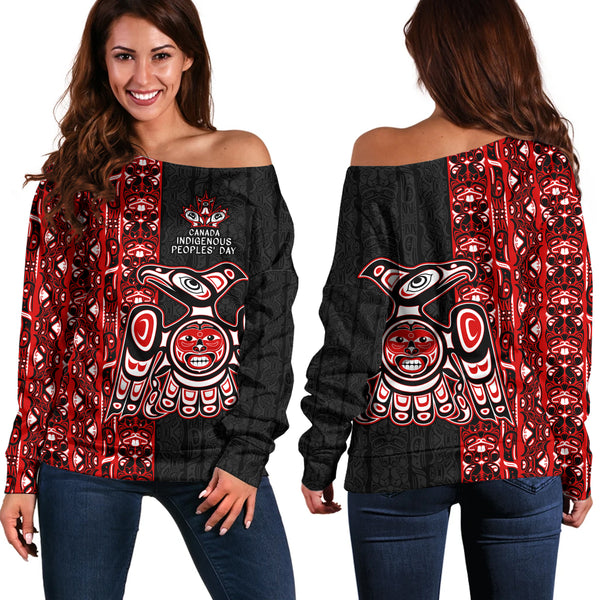 Canada Off Shoulder Sweatshirt Haida Indigenous Spirit Canada Edition