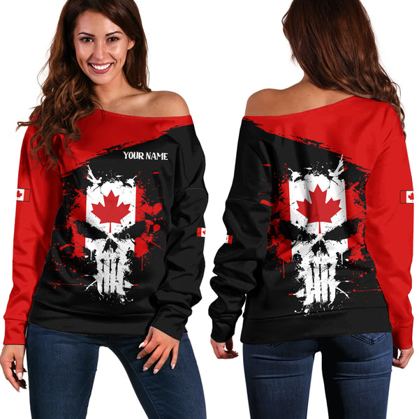 Canada Off Shoulder Sweatshirt Red Skull Patriot Canada Edition