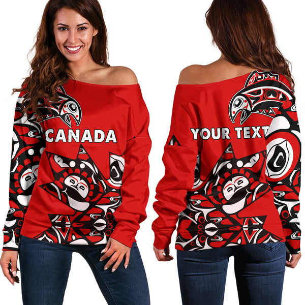 Canada Off Shoulder Sweatshirt Canada Maple Leafs Haida Spirit Pattern