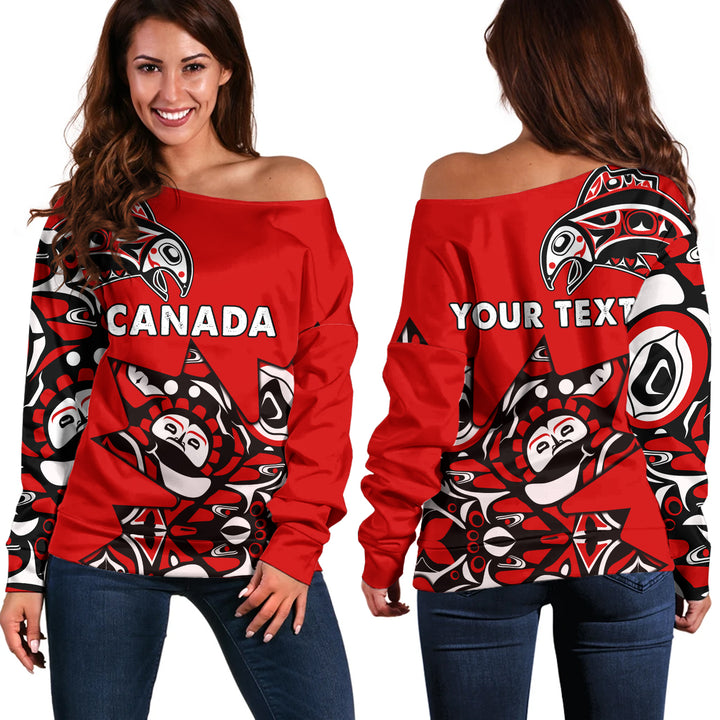 Canada Off Shoulder Sweatshirt Canada Maple Leafs Haida Spirit Pattern