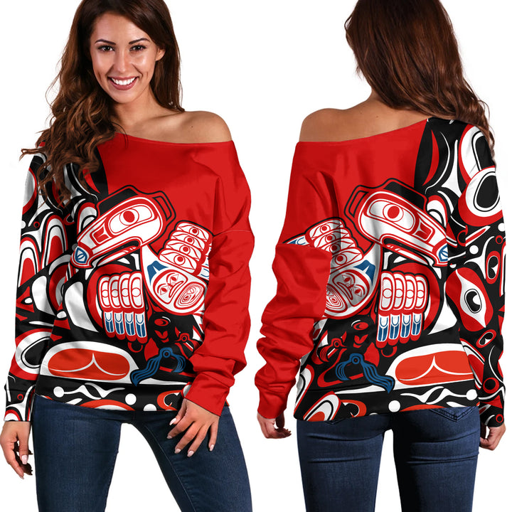 Canada Off Shoulder Sweatshirt Haida Red Totem Legacy