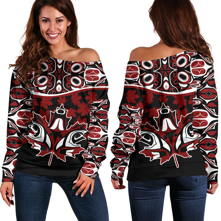 Canada Off Shoulder Sweatshirt Haida Echo Red Leaf Pride