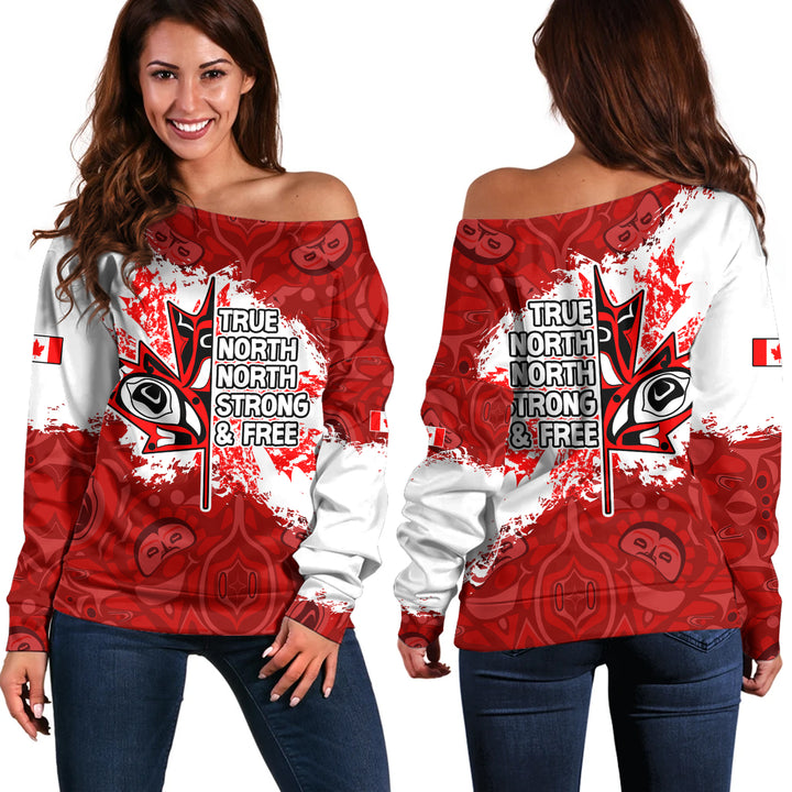 Canada Off Shoulder Sweatshirt Haida Indigenous Maple Pride