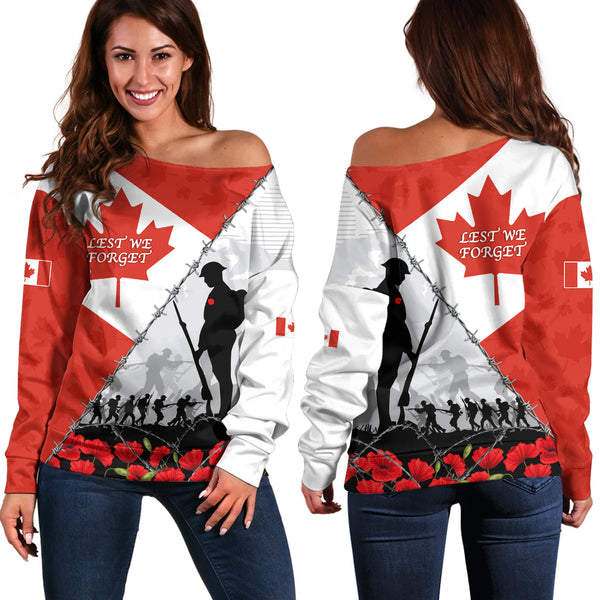 Canada Off Shoulder Sweatshirt Remembrance Day Poppy Flower And Barbed Wire