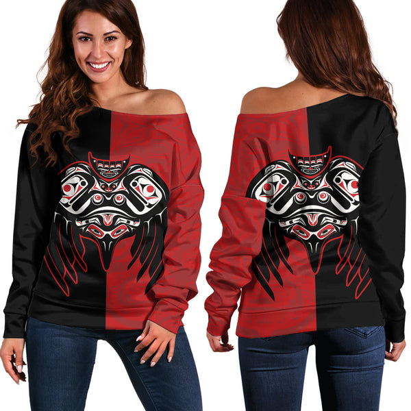 Canada Off Shoulder Sweatshirt Red And Black Haida Raven Guardian