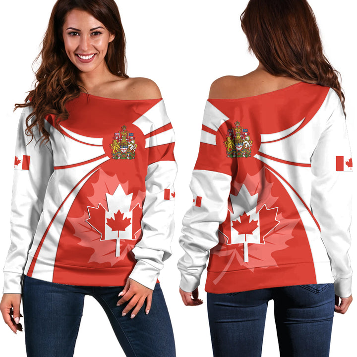 Canada Off Shoulder Sweatshirt Canada Maple Wave Design