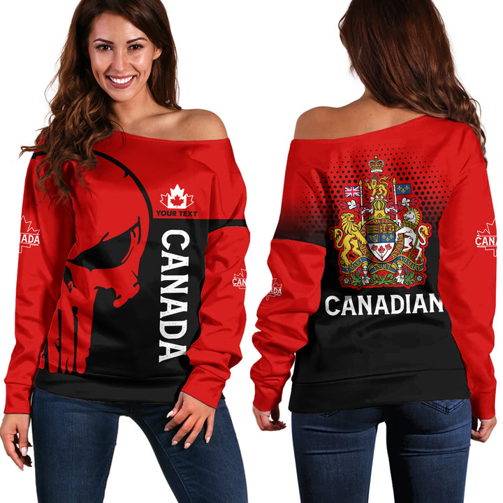 Canada Off Shoulder Sweatshirt Custom Crimson Skull Canada