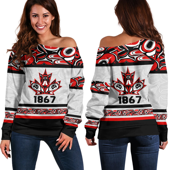 Canada Off Shoulder Sweatshirt Haida Indigenous Maple Legacy 1867
