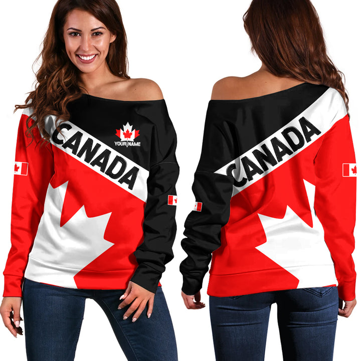 Canada Off Shoulder Sweatshirt Maple Power Stripes