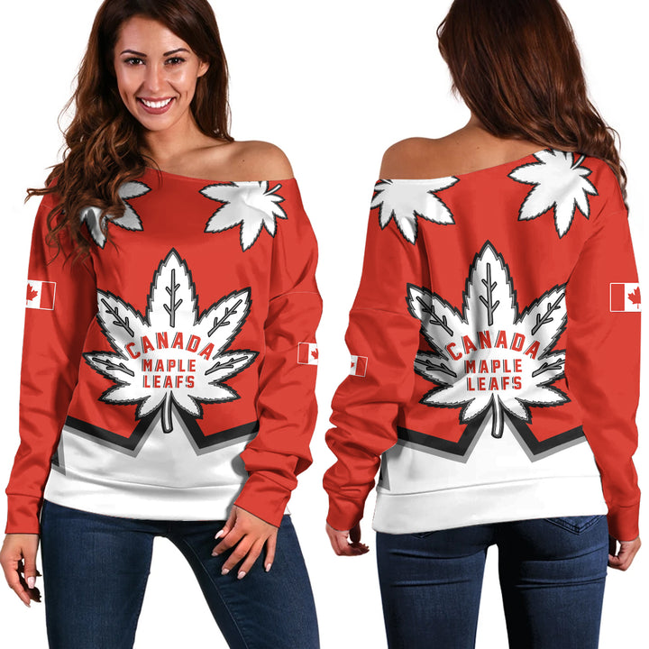 Canada Off Shoulder Sweatshirt Red Maple Leafs Spirit
