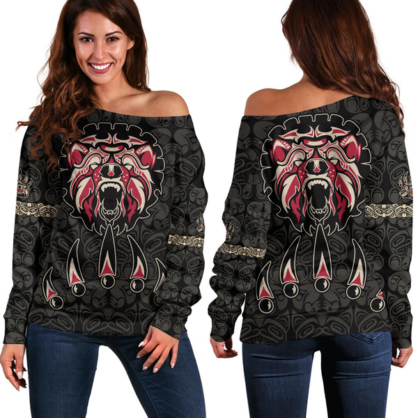 Canada Off Shoulder Sweatshirt Haida Tribal Roaring Bear