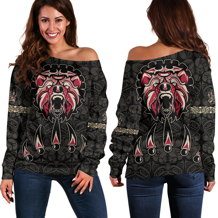 Canada Off Shoulder Sweatshirt Haida Tribal Roaring Bear