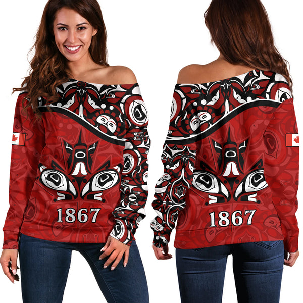 Canada Off Shoulder Sweatshirt Haida Indigenous Power 1867
