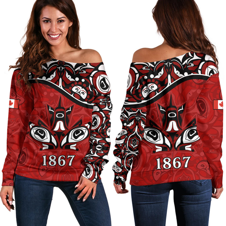 Canada Off Shoulder Sweatshirt Haida Indigenous Power 1867
