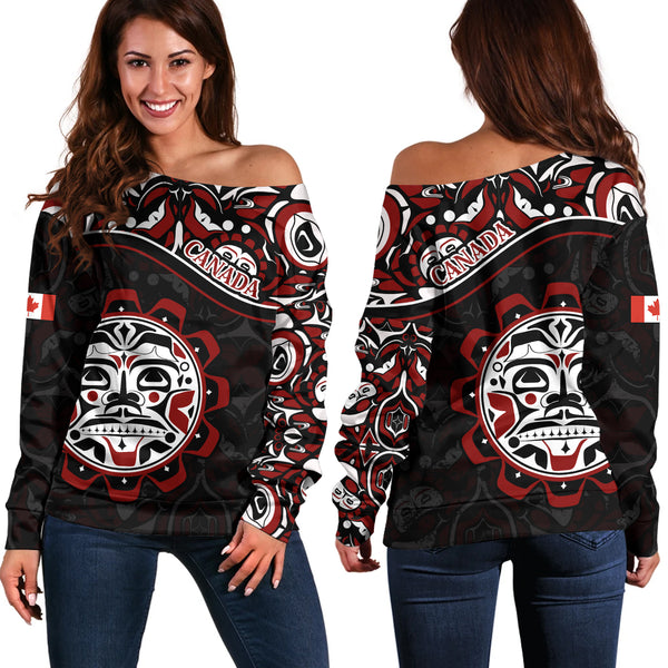 Canada Off Shoulder Sweatshirt Haida Sun Spirit