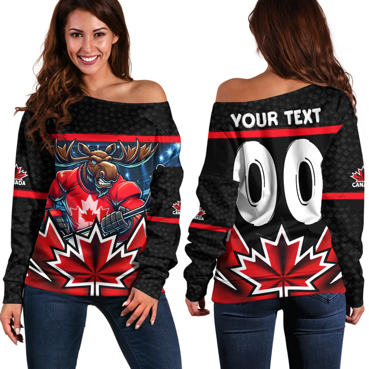 Canada Off Shoulder Sweatshirt Maple Moose Hockey Warrior