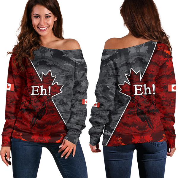 Canada Off Shoulder Sweatshirt Camouflage Maple Strength