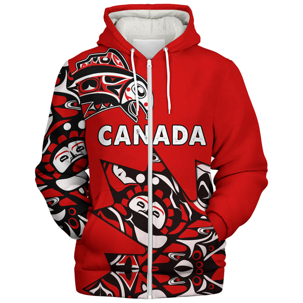 Canada Sherpa Hoodie Canada Maple Leafs Haida Spirit Pattern