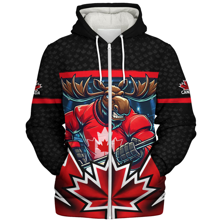 Canada Sherpa Hoodie Maple Moose Hockey Warrior