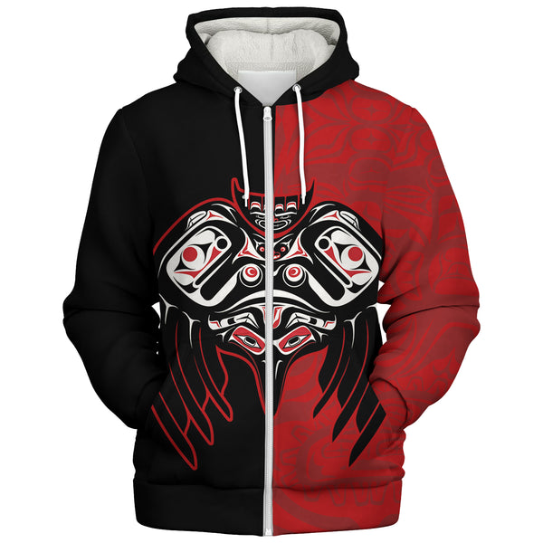 Canada Sherpa Hoodie Red And Black Haida Raven Guardian