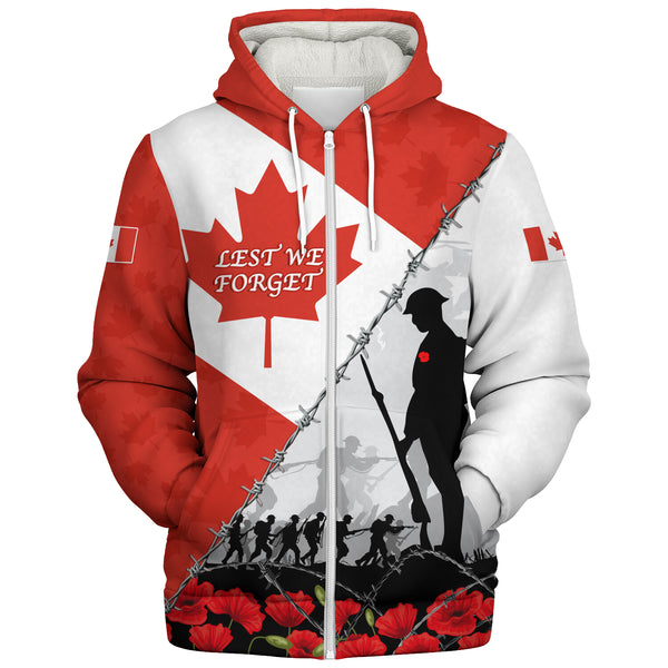 Canada Sherpa Hoodie Remembrance Day Poppy Flower And Barbed Wire
