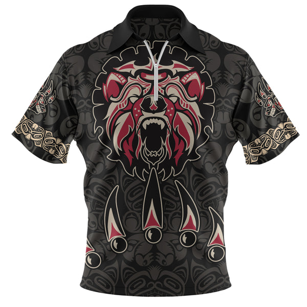 Canada Zip Polo Shirt Haida Tribal Roaring Bear