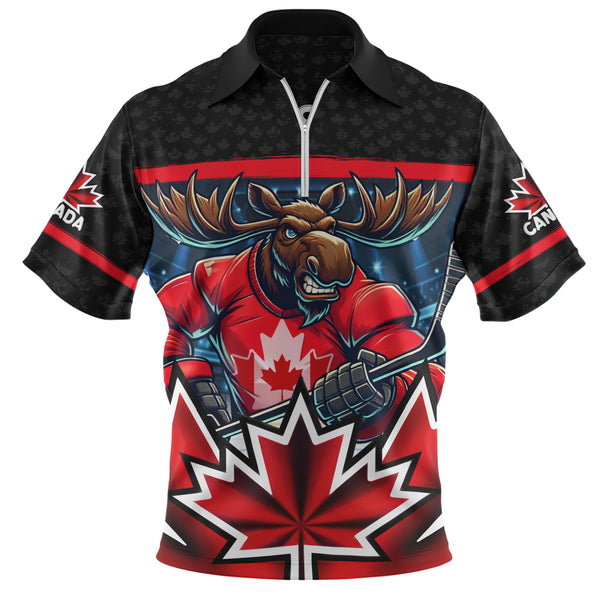 Canada Zip Polo Shirt Maple Moose Hockey Warrior