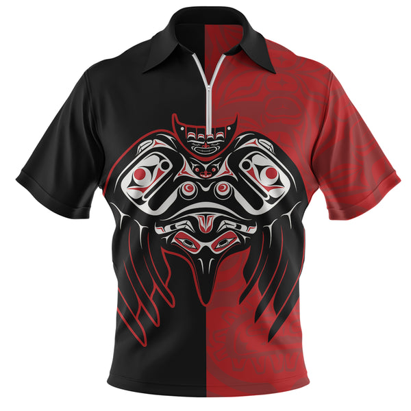 Canada Zip Polo Shirt Red And Black Haida Raven Guardian