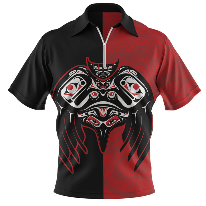 Canada Zip Polo Shirt Red And Black Haida Raven Guardian